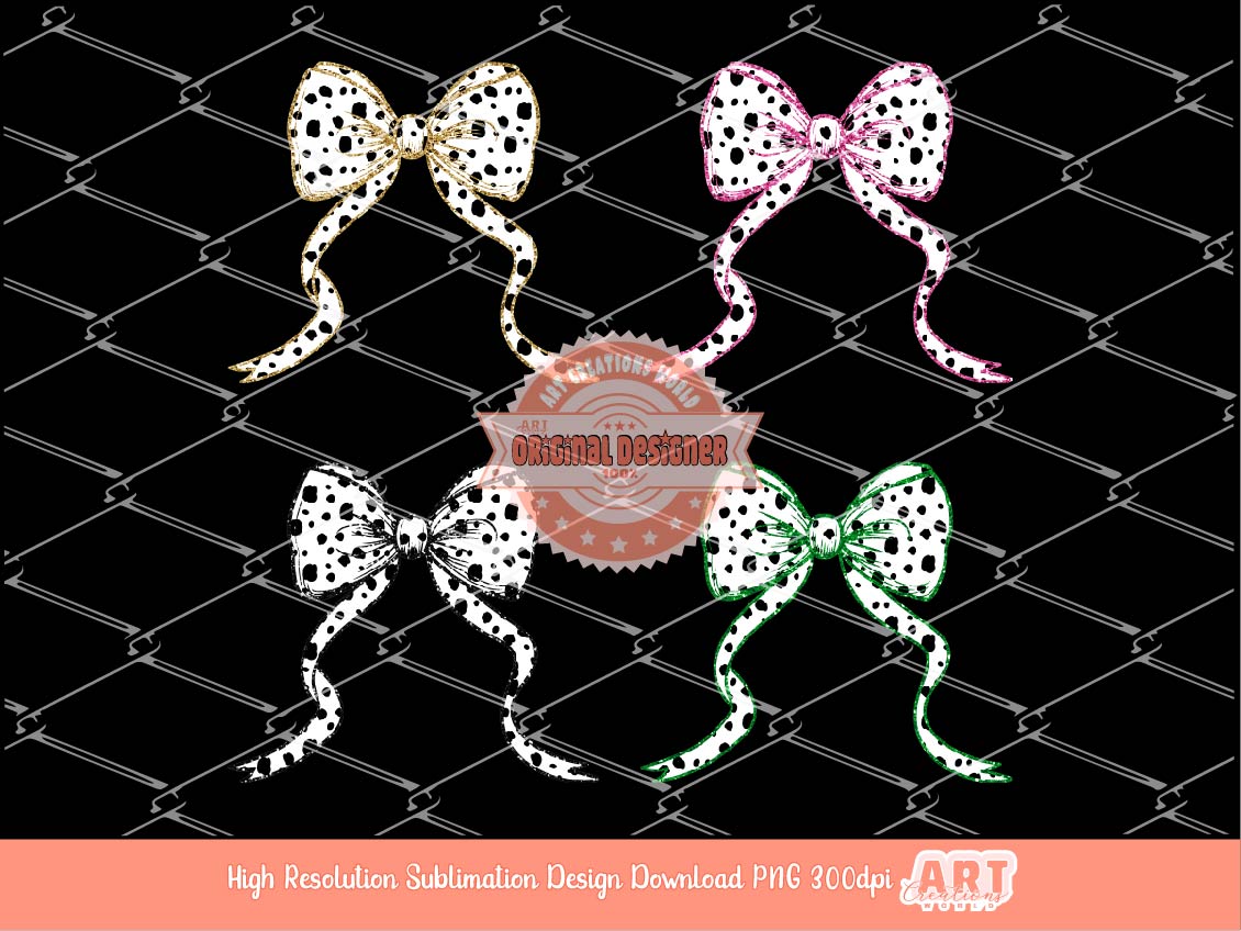 Glitter Coquette Dalmatian Bow PNG Bundle, Gold Pink Green Black sequin Bow Clipart Graphic, Cute Animal print bow for Sublimation & Dtf