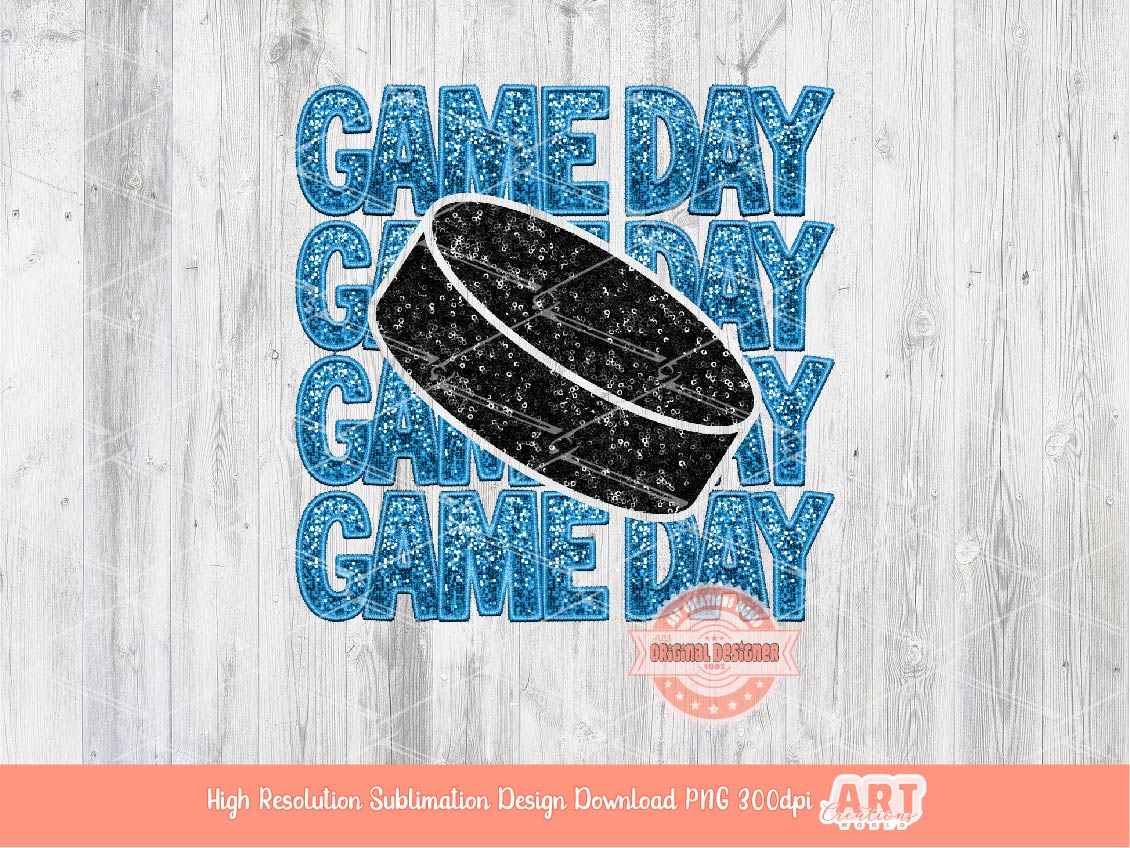 Game Day Hockey PNG, Blue Faux Embroidery Glitter Sequin Hockey Puck Png file Sublimation, dtf Shirt Design Digital Download