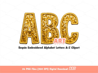 Gold Sequin Letters PNG, Faux Embroidered Golden Yellow Glitter Sequins PNG Alphabet Set Clipart, Custom alpha A-Z colors Digital Download
