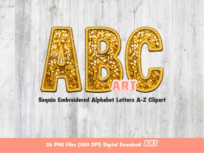 Gold Sequin Letters PNG, Faux Embroidered Golden Yellow Glitter Sequins PNG Alphabet Set Clipart, Custom alpha A-Z colors Digital Download