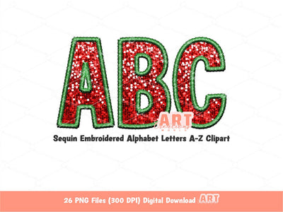Christmas Sequin Letters PNG, Faux Embroidered Red and Green Glitter Sequins PNG Alphabet Set Clipart, Custom Team name Mascot colors Digital Download
