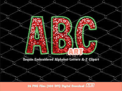 Christmas Sequin Letters PNG, Faux Embroidered Red and Green Glitter Sequins PNG Alphabet Set Clipart, Custom Team name Mascot colors Digital Download