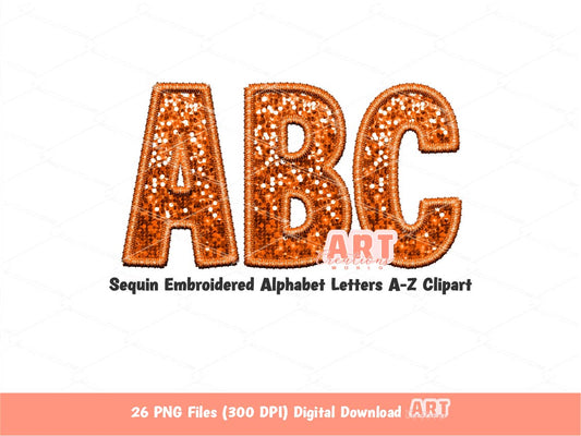 Orange Sequin Letters PNG, Faux Embroidered Glitter Sequins PNG Alphabet Set Clipart, Custom Team name Mascot colors Digital Download