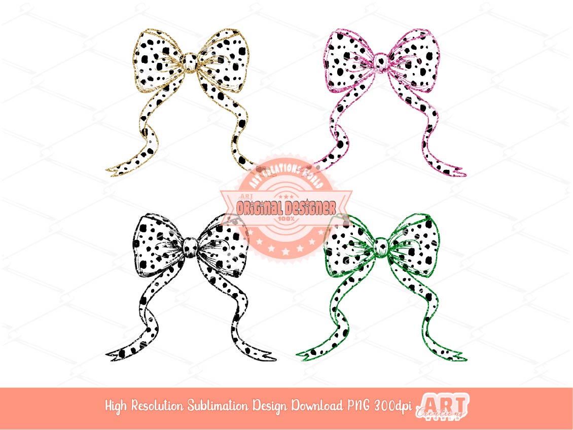 Glitter Coquette Dalmatian Bow PNG Bundle, Gold Pink Green Black sequin Bow Clipart Graphic, Cute Animal print bow for Sublimation & Dtf