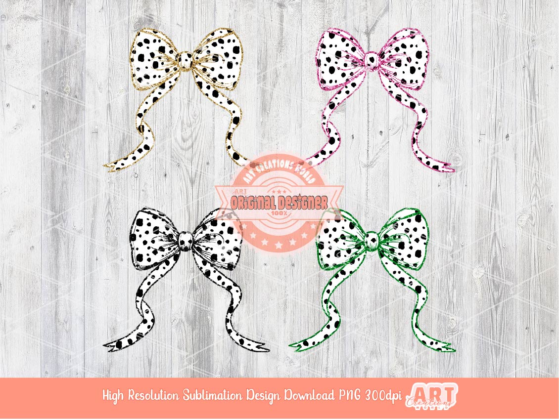 Glitter Coquette Dalmatian Bow PNG Bundle, Gold Pink Green Black sequin Bow Clipart Graphic, Cute Animal print bow for Sublimation & Dtf