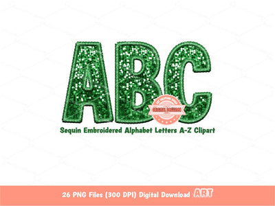 Green Sequin Letters PNG, Faux Embroidery Glitter Sequins PNG Alphabet Set Clipart, Custom Team name Mascot colors Digital Download