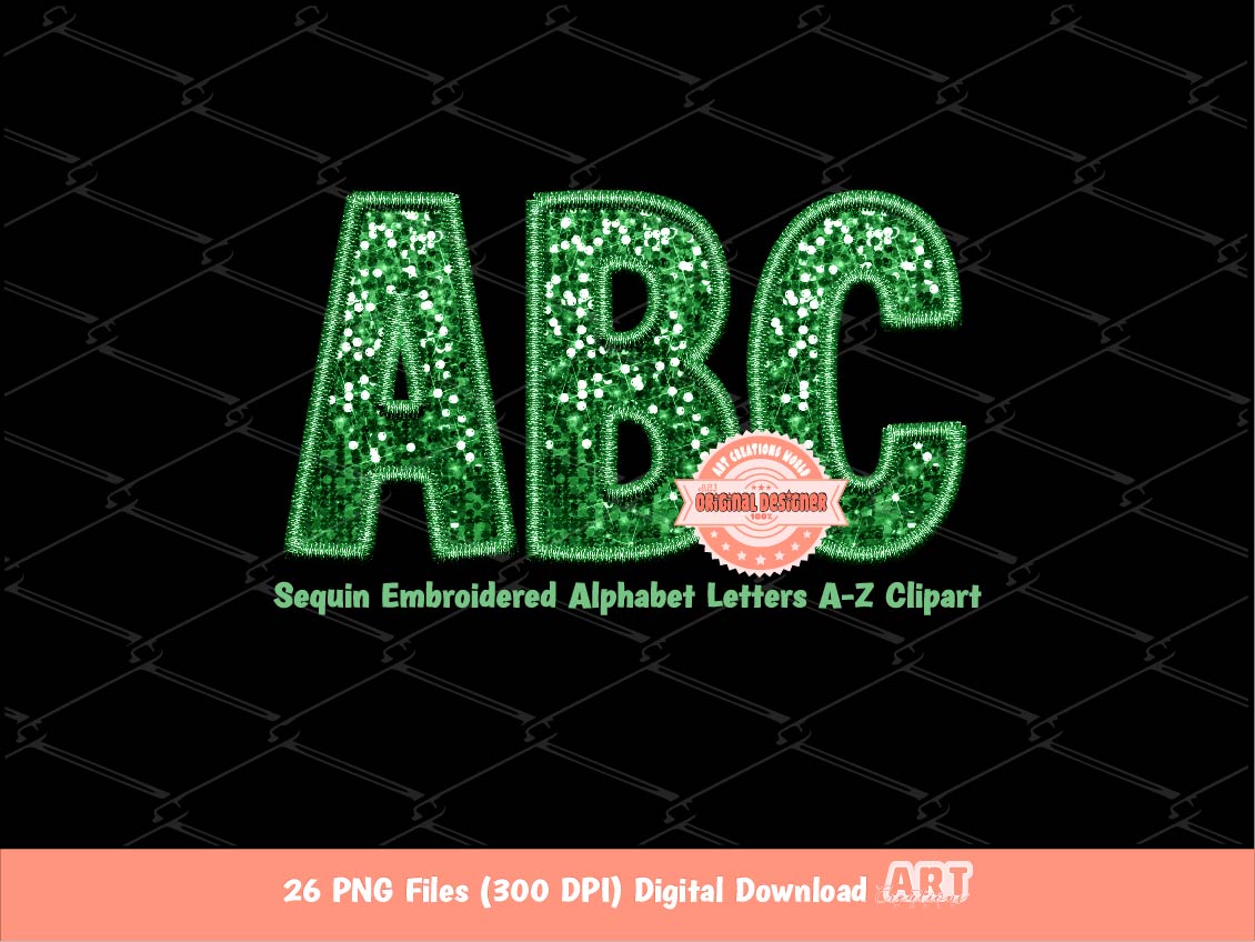 Green Sequin Letters PNG, Faux Embroidery Glitter Sequins PNG Alphabet Set Clipart, Custom Team name Mascot colors Digital Download