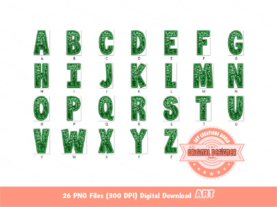 Green Sequin Letters PNG, Faux Embroidery Glitter Sequins PNG Alphabet Set Clipart, Custom Team name Mascot colors Digital Download
