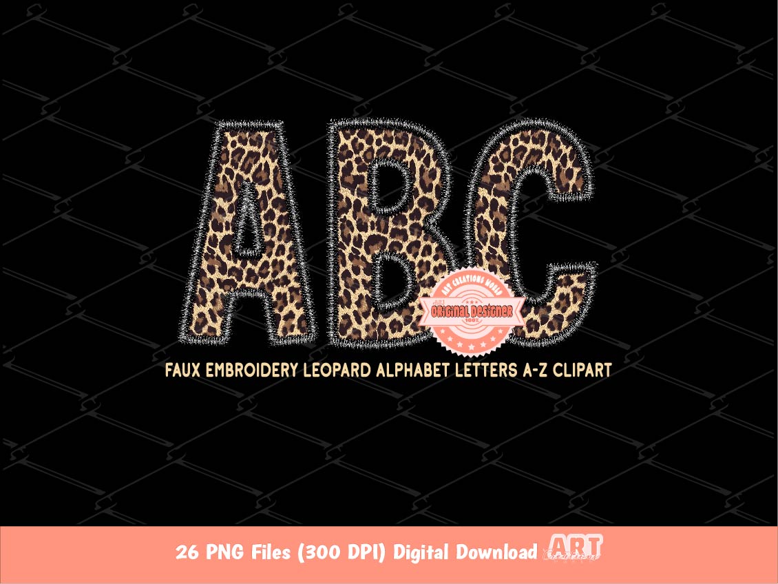 Faux Embroidery Leopard Letters PNG, Wild Safari Alphabet Set Clipart, Custom Letters Color Digital Download