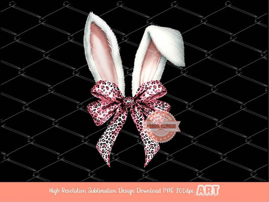 Coquette Bunny Ears PNG, Watercolor Pink Ribbon Leopard Bow Rabbit PNG Sublimation Cute Trendy Girly Easter T shirt Design Digital Download