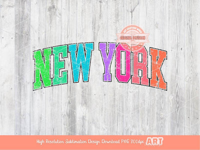 Distressed New York Neon Colors PNG, Trendy Colorful Arched Grunge Varsity Text Png Sublimation T shirt Design Digital Download