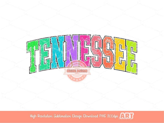 Distressed Tennessee Neon Colors PNG, Trendy Colorful Arched Grunge Varsity Text Png Sublimation T shirt Design Digital Download