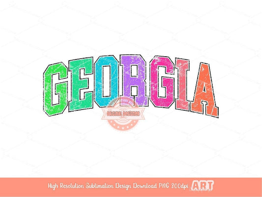 Distressed Georgia Neon Colors PNG, Trendy Colorful Arched Grunge Varsity Text Png Sublimation T shirt Design Digital Download