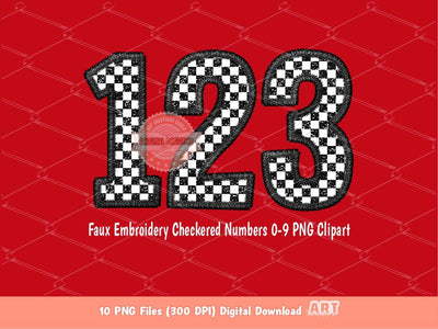 Faux Embroidery Checkered Numbers PNG, Glitter Racing Black and white Number 0-9 Set Clipart, Checkerboard Png Sublimation Digital Download