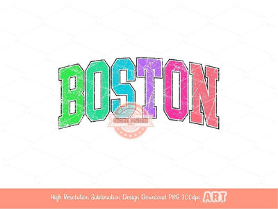 Distressed Boston Neon Colors PNG, Trendy Colorful Arched Grunge Varsity Text Png Sublimation T shirt Design Digital Download