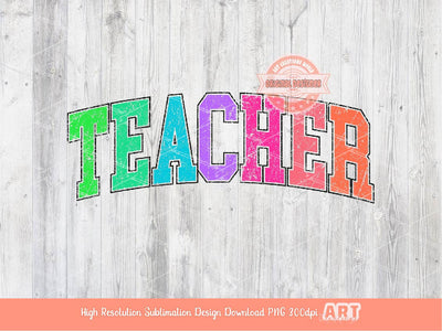 Distressed Teacher Neon Colors PNG, Trendy Colorful Arched Grunge Varsity Text Png Sublimation T shirt Design Digital Download