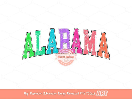 Distressed Alabama Neon Colors PNG, Trendy Colorful Arched Grunge Varsity Text Png Sublimation T shirt Design Digital Download