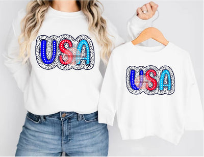 Bright USA PNG, Independence Day Patriotic Sublimation Shirt Design, 4th of July Doodle letters, Dalmatian Dots America PNG Digital Download