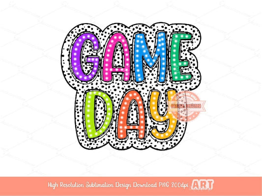 Game Day Dalmatian PNG, Bright Doodle Marquee letters dalmation Dots, Colorful Fun Sports Sublimation Sport Shirt Design Digital Download