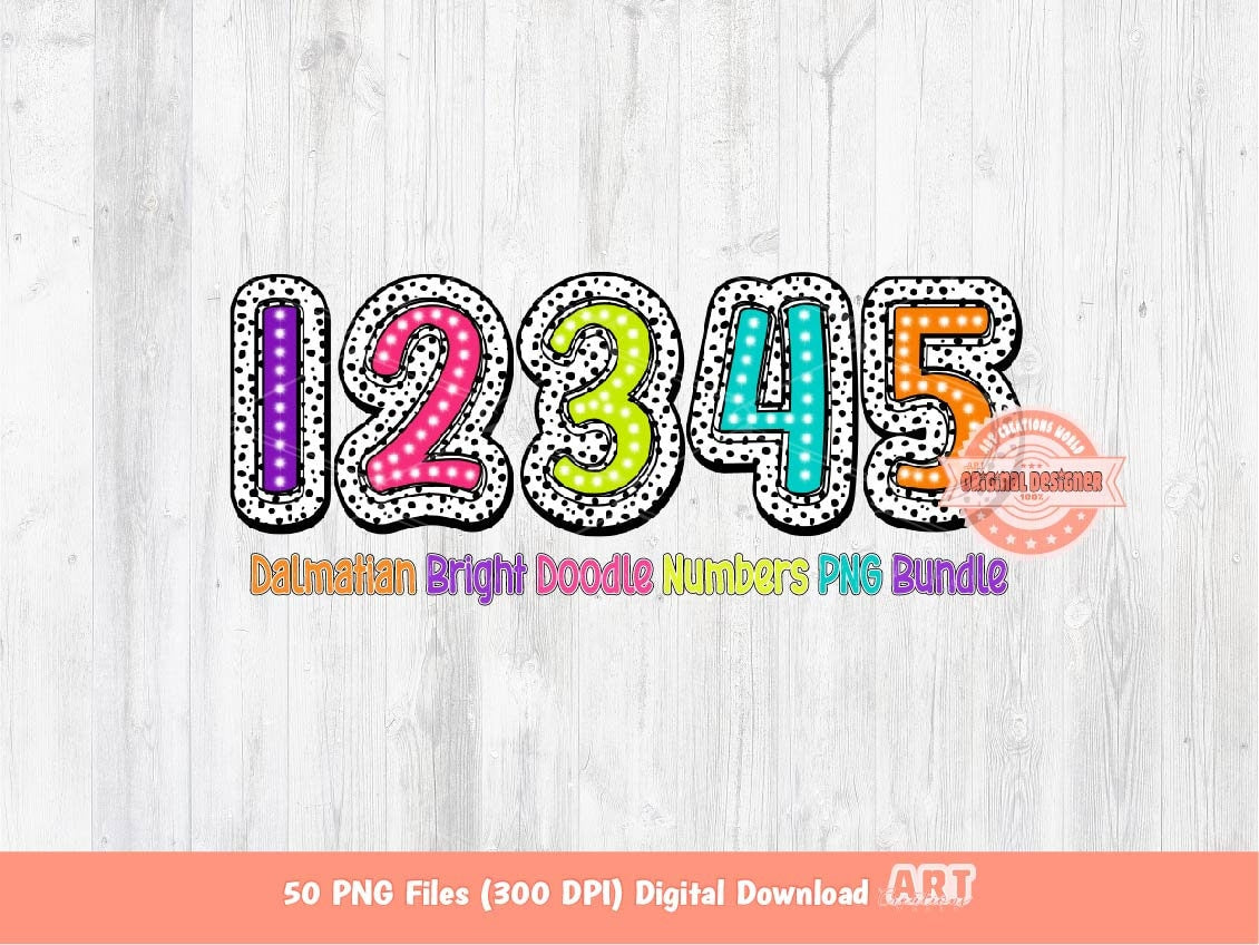 Colorful Dalmatian Numbers PNG Bundle, Bright Doodle Marquee dalmation Dots Number 0-9 Set Clipart, Birthday Sublimation Digital Download