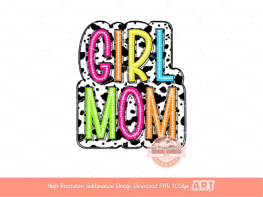 Girl Mom Neon Bright Doodle Cow Print letters PNG, Colorful Mama's girl PNG Sublimation Western Mother Shirt Design Digital Download