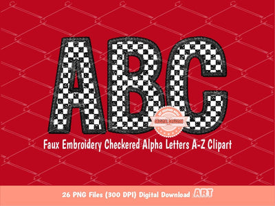 Faux Embroidery Checkered Letters PNG, Glitter Racing  Black and white Alpha Set Clipart, Checkerboard Alphabet Sublimation Digital Download
