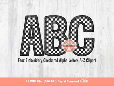 Faux Embroidery Checkered Letters PNG, Glitter Racing  Black and white Alpha Set Clipart, Checkerboard Alphabet Sublimation Digital Download