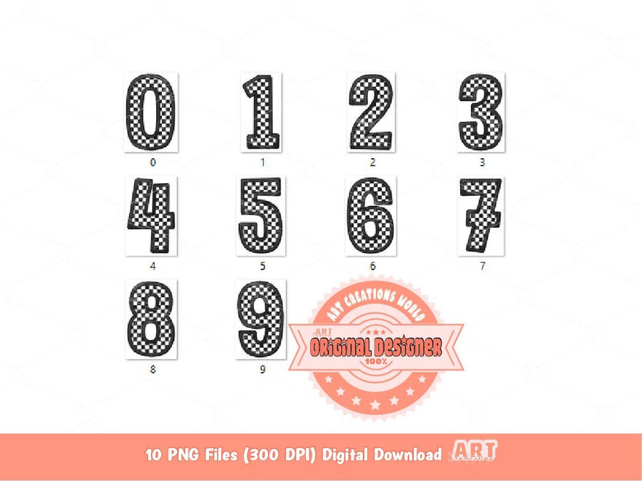 Faux Embroidery Checkered Numbers PNG, Glitter Racing Black and white Number 0-9 Set Clipart, Checkerboard Png Sublimation Digital Download