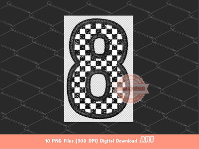 Faux Embroidery Checkered Numbers PNG, Glitter Racing Black and white Number 0-9 Set Clipart, Checkerboard Png Sublimation Digital Download