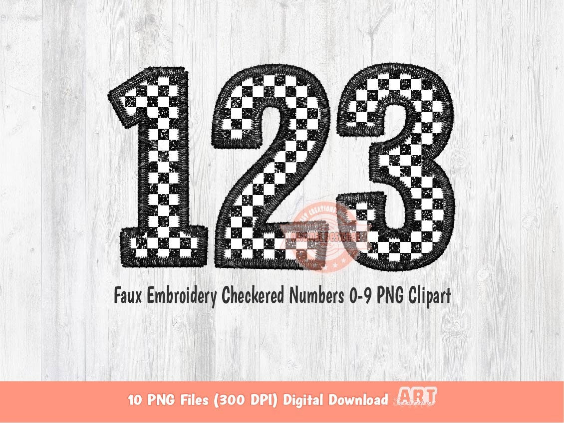 Faux Embroidery Checkered Numbers PNG, Glitter Racing Black and white Number 0-9 Set Clipart, Checkerboard Png Sublimation Digital Download