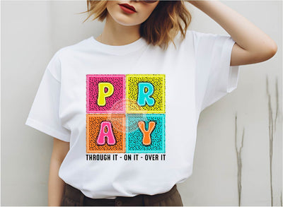 Pray On It Bright Doodle PNG, Colorful Dalmatian Dots letters PNG Sublimation & DTF, Neon Retro Square Christian Shirt Design Download