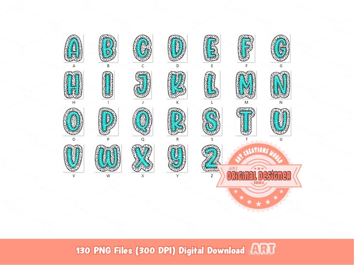 Colorful Dalmatian Letters PNG Bundle, Hand Drawn Bright Doodle Alpha A-Z Set Clipart Marquee Dots Alphabet Sublimation Digital Download