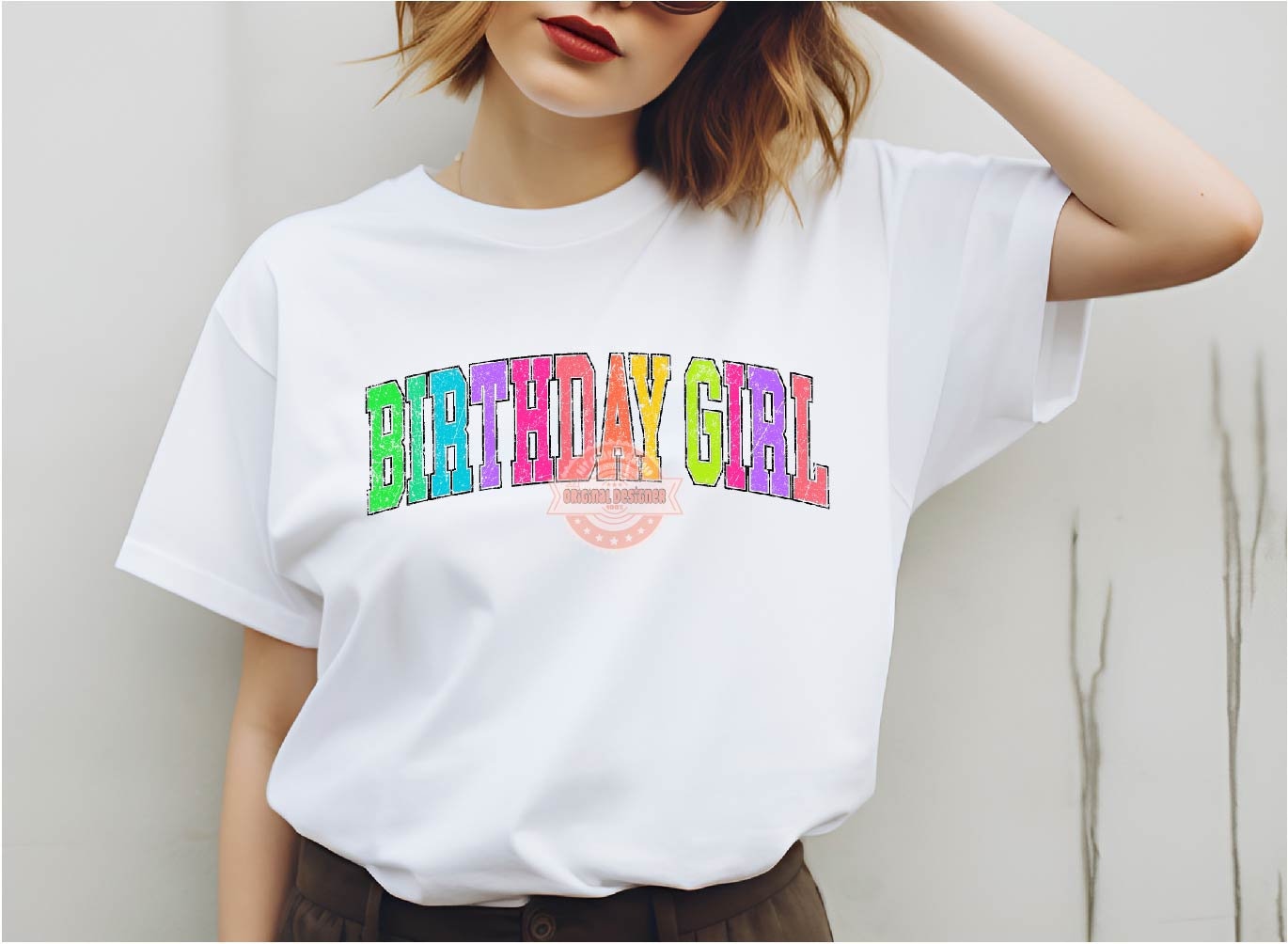 Birthday Girl Distressed Neon Colors PNG, Trendy Colorful Arched Grunge Varsity Bright Letters Sublimation T shirt Design Digital Download