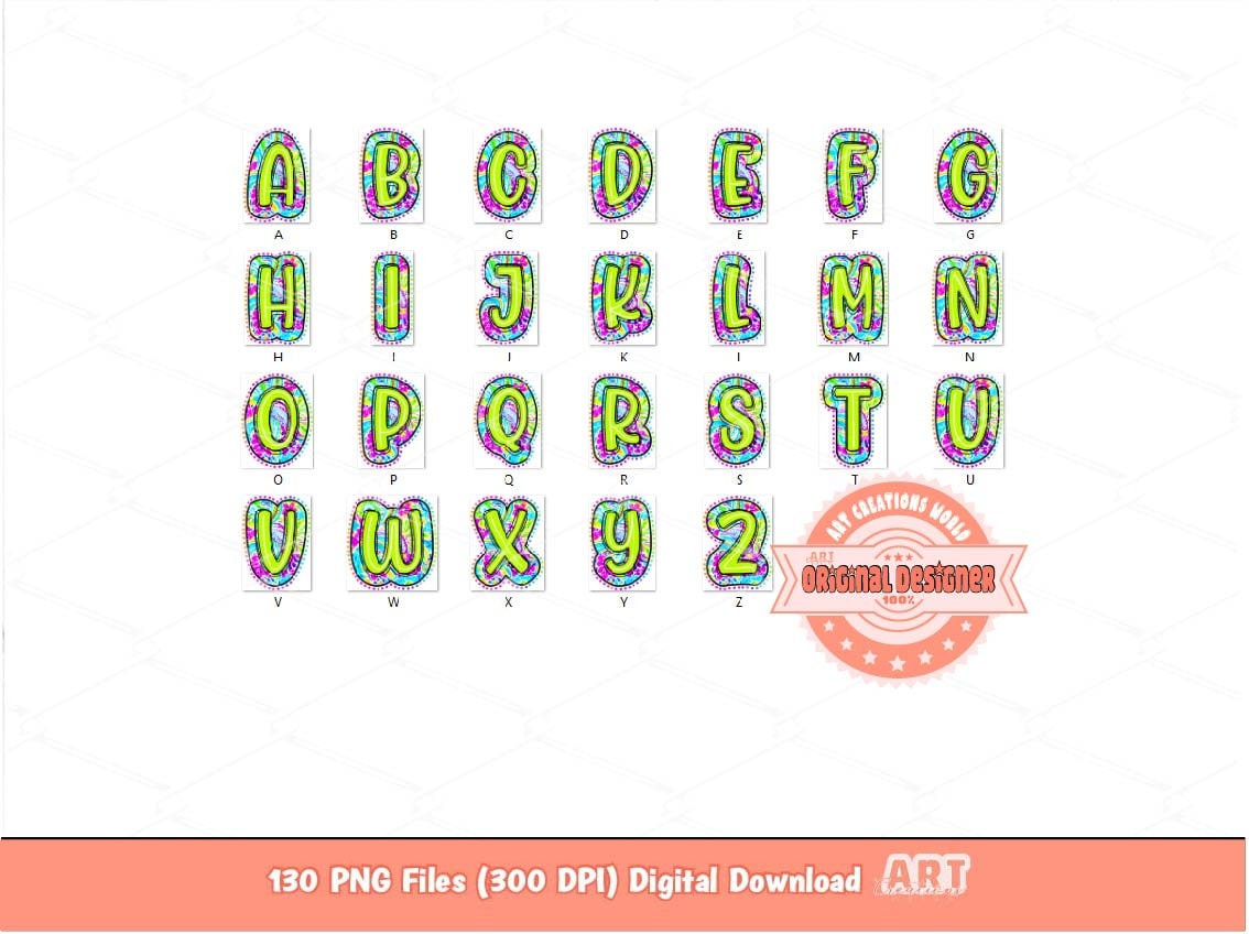 Bright Doodle Letters PNG Bundle, Hand Drawn Colorful Paisley Floral Alpha A-Z Set Clipart Neon Trendy Alphabet Sublimation Digital Download