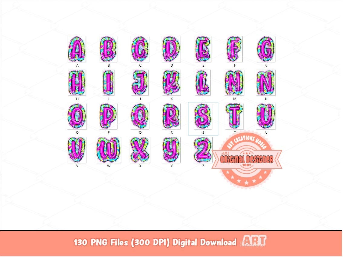 Bright Doodle Letters PNG Bundle, Hand Drawn Colorful Paisley Floral Alpha A-Z Set Clipart Neon Trendy Alphabet Sublimation Digital Download