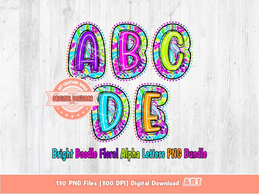 Bright Doodle Letters PNG Bundle, Hand Drawn Colorful Paisley Floral Alpha A-Z Set Clipart Neon Trendy Alphabet Sublimation Digital Download