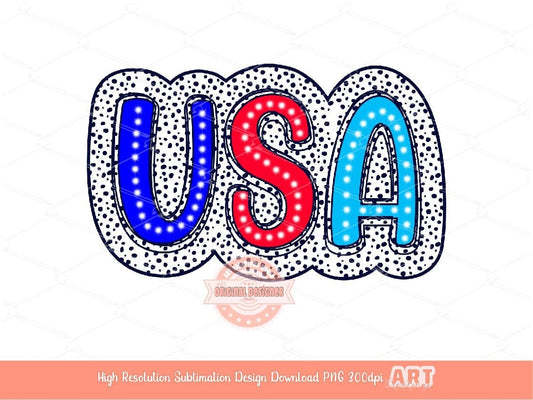 Bright USA PNG, Independence Day Patriotic Sublimation Shirt Design, 4th of July Doodle letters, Dalmatian Dots America PNG Digital Download