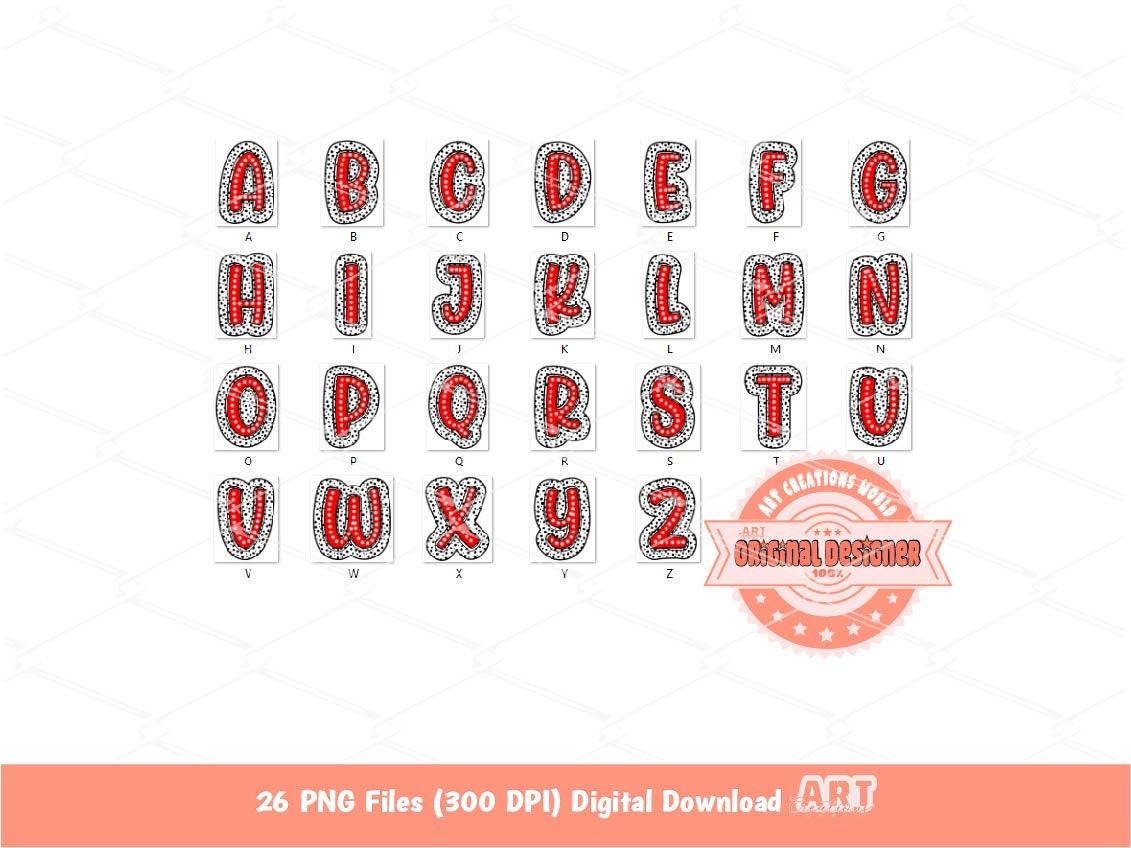 Red Dalmatian Letters PNG, Hand Drawn Bright Red Doodle Alpha A-Z Set Clipart Marquee Dots Alphabet for Sublimation and DTF Digital Download