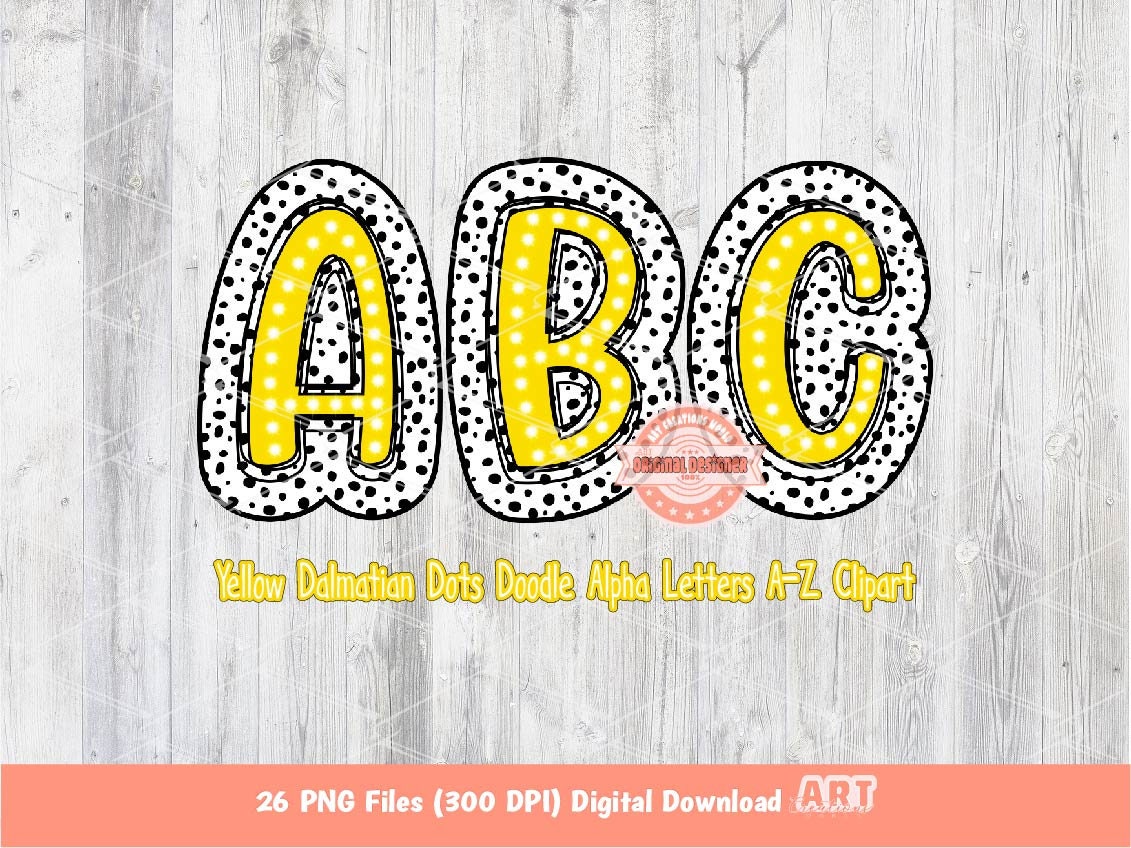 Yellow Dalmatian Letters PNG, Hand Drawn Bright Doodle Alpha A-Z Set Clipart Marquee Dots Alphabet for Sublimation and DTF Digital Download