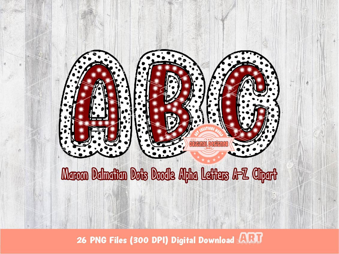 Maroon Dalmatian Letters PNG, Hand Drawn Bright Doodle Alpha A-Z Set Clipart Marquee Dots Alphabet for Sublimation and DTF Digital Download