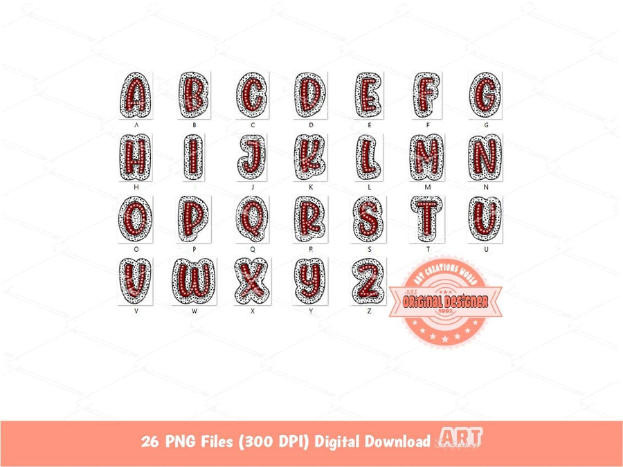 Maroon Dalmatian Letters PNG, Hand Drawn Bright Doodle Alpha A-Z Set Clipart Marquee Dots Alphabet for Sublimation and DTF Digital Download