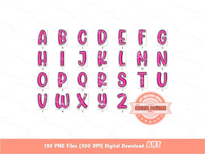 Bright Doodle Letters PNG Bundle, Hand Drawn Neon colors Alpha A-Z Set Clipart, Sparkling Marquee Dots Alphabet Sublimation Digital Download