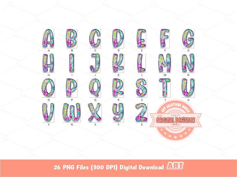 Bright Floral Doodle Letters PNG, Hand Drawn Neon colors Alpha A-Z Set Clipart Cute Flowers Alphabet for Sublimation & DTF Digital Download