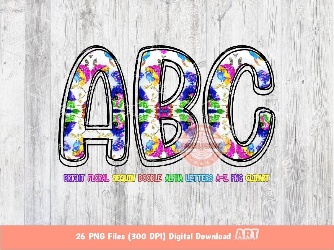 Bright Floral Sequin Doodle Letters PNG, Trendy Vibrant colors Alpha A-Z Set Clipart Glitter Alphabet for Sublimation & DTF Digital Download