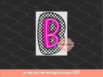 Bright Pink Distressed Checkered Doodle Letters PNG, Glitter Alpha A-Z Set Clipart Neon Pink Alphabet for Sublimation & DTF Digital Download