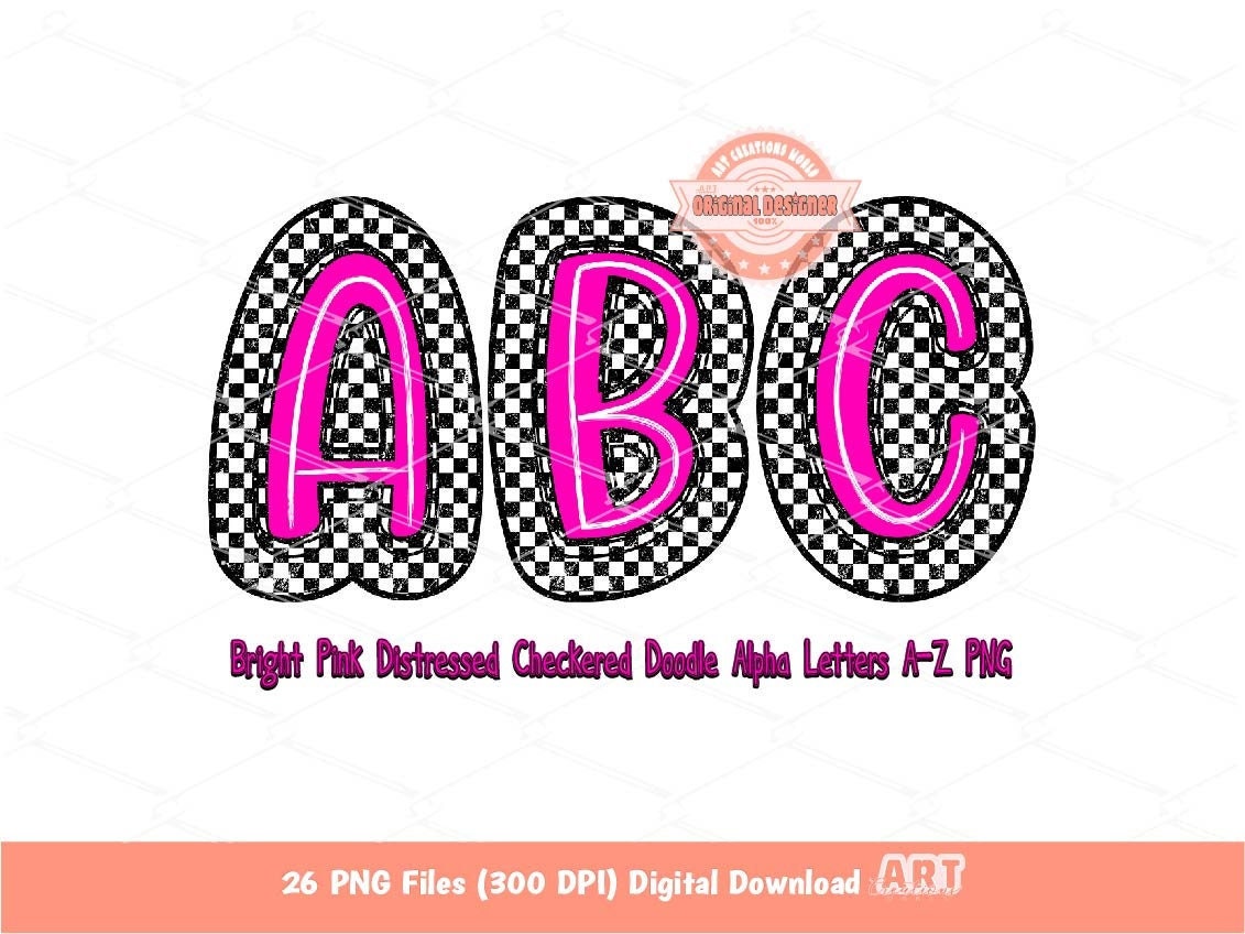 Bright Pink Distressed Checkered Doodle Letters PNG, Glitter Alpha A-Z Set Clipart Neon Pink Alphabet for Sublimation & DTF Digital Download