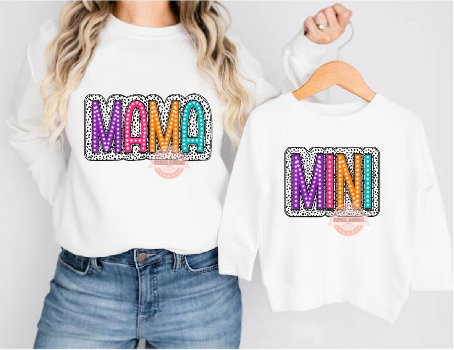 Matching Mama Mini Colorful Doodle Dalmatian Dots letters PNG, Bright Mommy and me Png Sublimation Shirt Design Digital Download