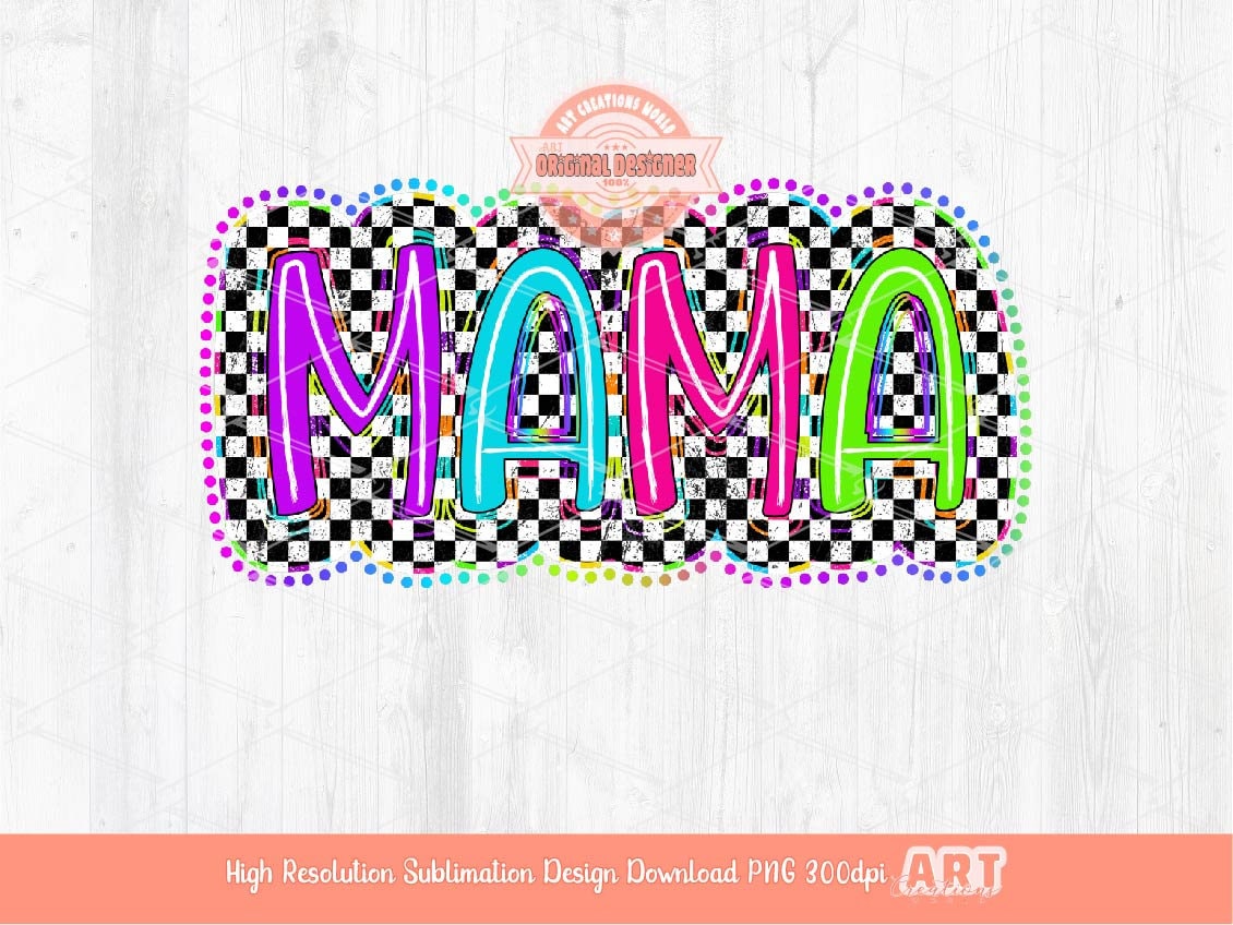 Mama Mini Bright Distressed Checkered Doodle PNG Bundle, Matching Neon Retro Colorful Nana Gigi Mimi Sublimation Dtf Shirt Design Download