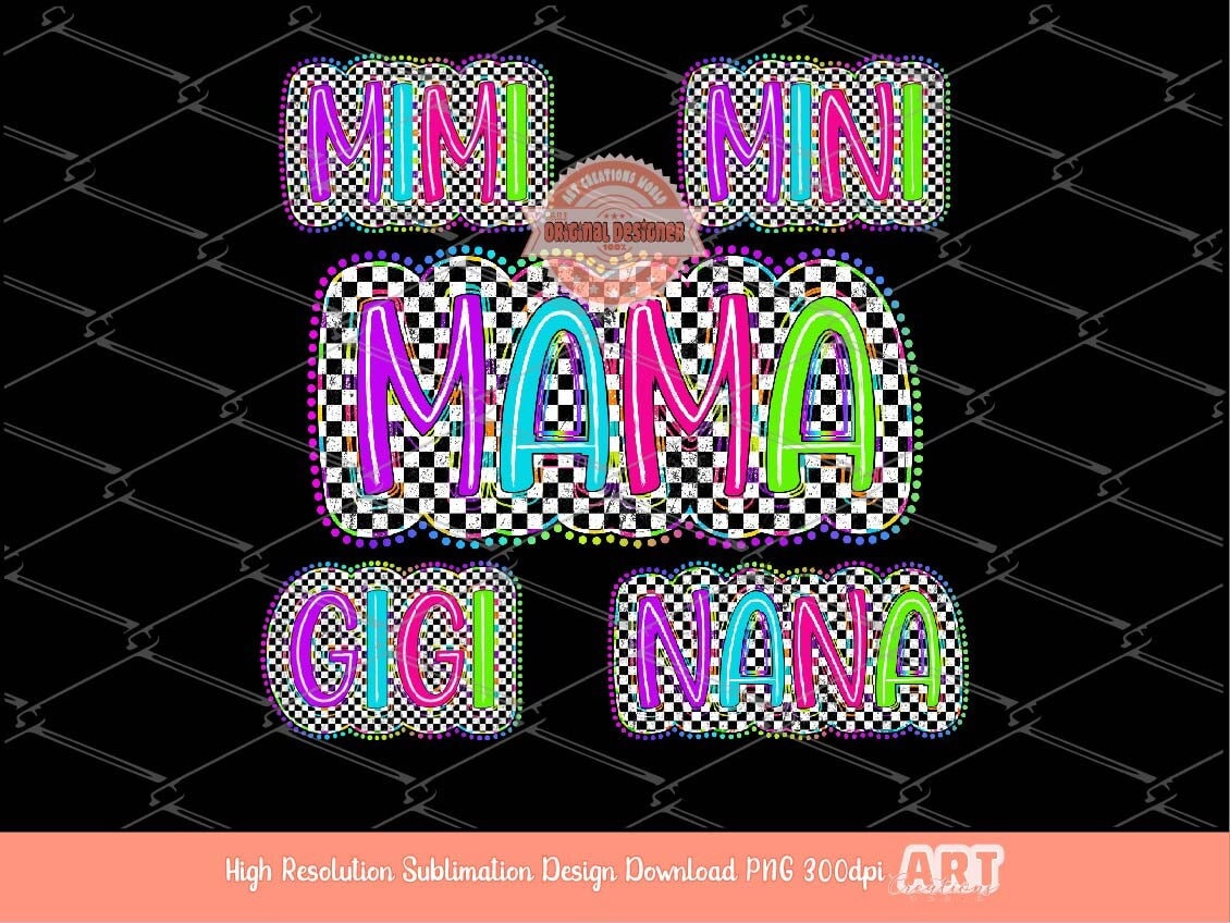 Mama Mini Bright Distressed Checkered Doodle PNG Bundle, Matching Neon Retro Colorful Nana Gigi Mimi Sublimation Dtf Shirt Design Download