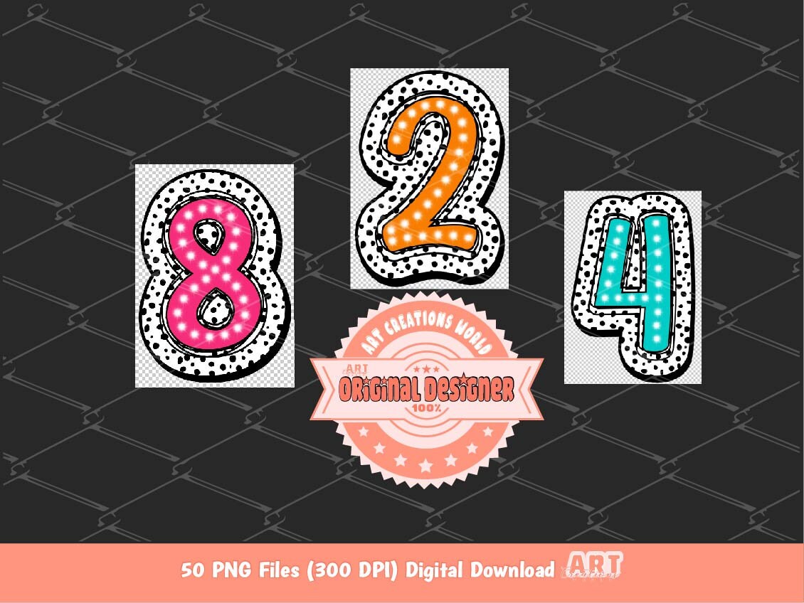 Colorful Dalmatian Numbers PNG Bundle, Bright Doodle Marquee dalmation Dots Number 0-9 Set Clipart, Birthday Sublimation Digital Download